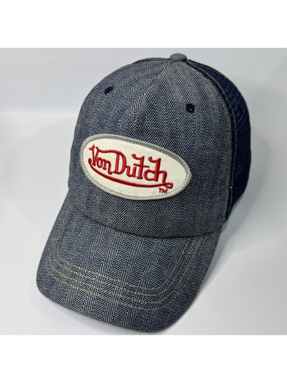 Von Dutch Trucker Hat Gray Herringbone Navy Mesh Snapback Oval Logo Patch